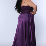 Best selling Tease Prom TE2437 plus size, A-line prom dress with double spaghetti straps, V-neckline, lace bodice and satin skirt with pockets and slit. Available in purple, blue, black, red, or green. 