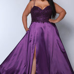 Best selling Tease Prom TE2437 plus size, A-line prom dress with double spaghetti straps, V-neckline, lace bodice and satin skirt with pockets and slit. Available in purple, blue, black, red, or green. 