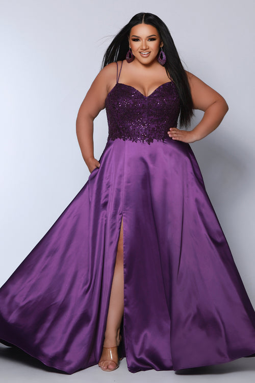 Best selling Tease Prom TE2437 plus size, A-line prom dress with double spaghetti straps, V-neckline, lace bodice and satin skirt with pockets and slit. Available in purple, blue, black, red, or green. 