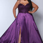 Best selling Tease Prom TE2437 plus size, A-line prom dress with double spaghetti straps, V-neckline, lace bodice and satin skirt with pockets and slit. Available in purple, blue, black, red, or green. 