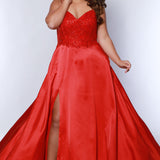 Best selling Tease Prom TE2437 plus size, A-line prom dress with double spaghetti straps, V-neckline, lace bodice and satin skirt with pockets and slit. Available in purple, blue, black, red, or green. 