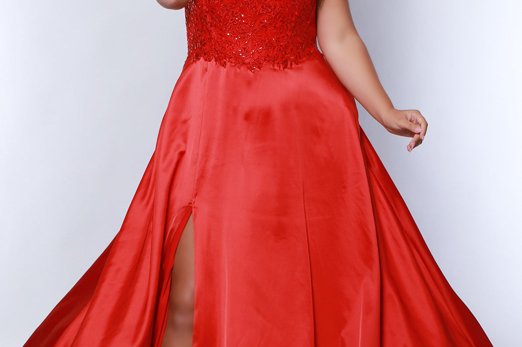 Best selling Tease Prom TE2437 plus size, A-line prom dress with double spaghetti straps, V-neckline, lace bodice and satin skirt with pockets and slit. Available in purple, blue, black, red, or green. 