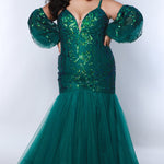 Tease Prom TE2439 Emerald. Mermaid silhouette, Iridescent leaf sequins with sparkle tulle, Deep V-neckline, Nude mesh insert, Spaghetti straps covered in sparkle tulle, Detachable puff sleeves covered in sequin, snaps on and off, Long invisible center back zipper, Mermaid skirt, Sweep train.