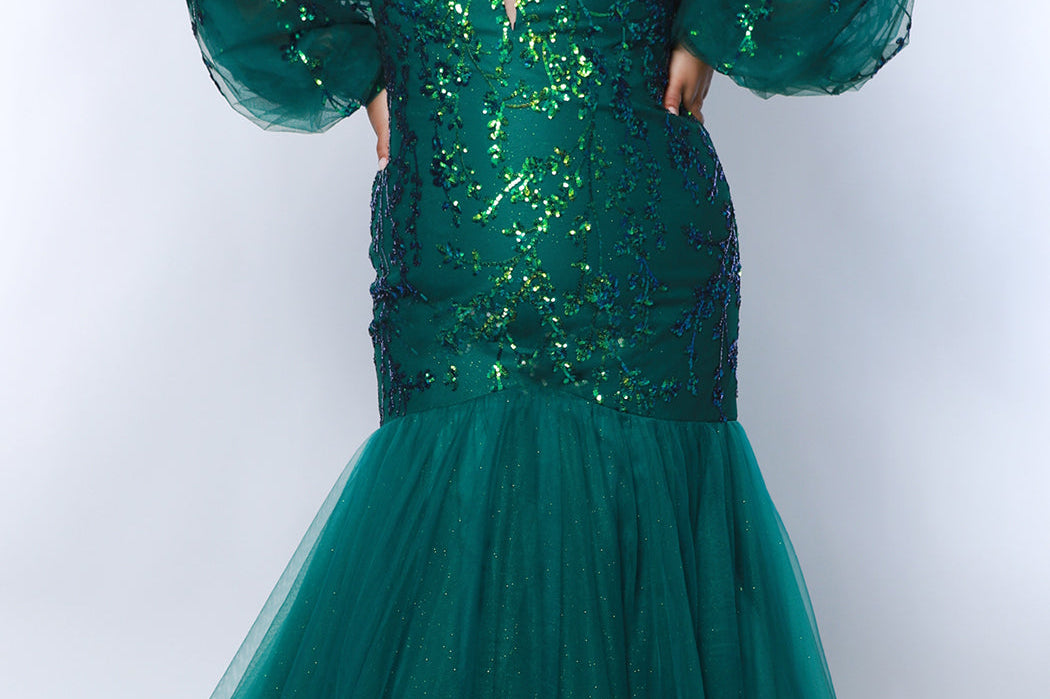 Tease Prom TE2439 Emerald. Mermaid silhouette, Iridescent leaf sequins with sparkle tulle, Deep V-neckline, Nude mesh insert, Spaghetti straps covered in sparkle tulle, Detachable puff sleeves covered in sequin, snaps on and off, Long invisible center back zipper, Mermaid skirt, Sweep train.