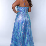 Tease Prom TE2440 Sky. A-line Silhouette, floor length, sequins and a surplice neckline. A fitted bodice. sleeveless, Center-back Zipper and a natural waistline A-line Skirt with a slit, pockets and satin lining.