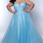 Tease Prom TE2441 Blue. A-line silhouette, Leaf embroidered applique with cut glass beads, sparkle tulle, Deep V-neckline, Sparkle tulle tone-on-tone mesh insert, Pleated front and back bodice, Spaghetti straps, V-back, Long invisible center back zipper, Natural waistline, A-line skirt.