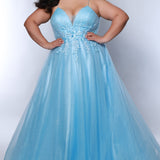 Tease Prom TE2441 Blue. A-line silhouette, Leaf embroidered applique with cut glass beads, sparkle tulle, Deep V-neckline, Sparkle tulle tone-on-tone mesh insert, Pleated front and back bodice, Spaghetti straps, V-back, Long invisible center back zipper, Natural waistline, A-line skirt.