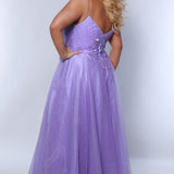 Tease Prom TE2441 Purple. A-line silhouette, Leaf embroidered applique with cut glass beads, sparkle tulle, Deep V-neckline, Sparkle tulle tone-on-tone mesh insert, Pleated front and back bodice, Spaghetti straps, V-back, Long invisible center back zipper, Natural waistline, A-line skirt.