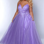 Tease Prom TE2441 Purple. A-line silhouette, Leaf embroidered applique with cut glass beads, sparkle tulle, Deep V-neckline, Sparkle tulle tone-on-tone mesh insert, Pleated front and back bodice, Spaghetti straps, V-back, Long invisible center back zipper, Natural waistline, A-line skirt.