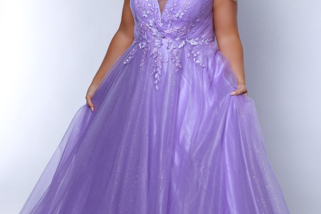 Tease Prom TE2441 Purple. A-line silhouette, Leaf embroidered applique with cut glass beads, sparkle tulle, Deep V-neckline, Sparkle tulle tone-on-tone mesh insert, Pleated front and back bodice, Spaghetti straps, V-back, Long invisible center back zipper, Natural waistline, A-line skirt.