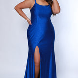 Tease Prom TE2442 cobalt blue, plus size slim dress with sparkle stretch fabric, scoop neckline, double straps, slit, zipper back.