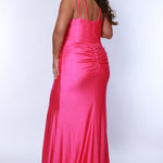 Tease Prom TE2442 Fuchsia pink , plus size slim dress with sparkle stretch fabric, scoop neckline, double straps, slit, zipper back.