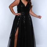 Tease Prom TE2443 Black, Plus size A-line dress, puff sleeves with a 5 inch cuff from forearm to wrist, slit, black sequin appliques, bra friendly straps.