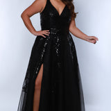 Tease Prom TE2443 Black, Plus size A-line dress, puff sleeves with a 5 inch cuff from forearm to wrist, slit, black sequin appliques, bra friendly straps.