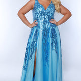 Tease Prom TE2443 light blue Plus size A-line dress, puff sleeves with a 5 inch cuff from forearm to wrist, slit, light blue sequin appliques, bra friendly straps.