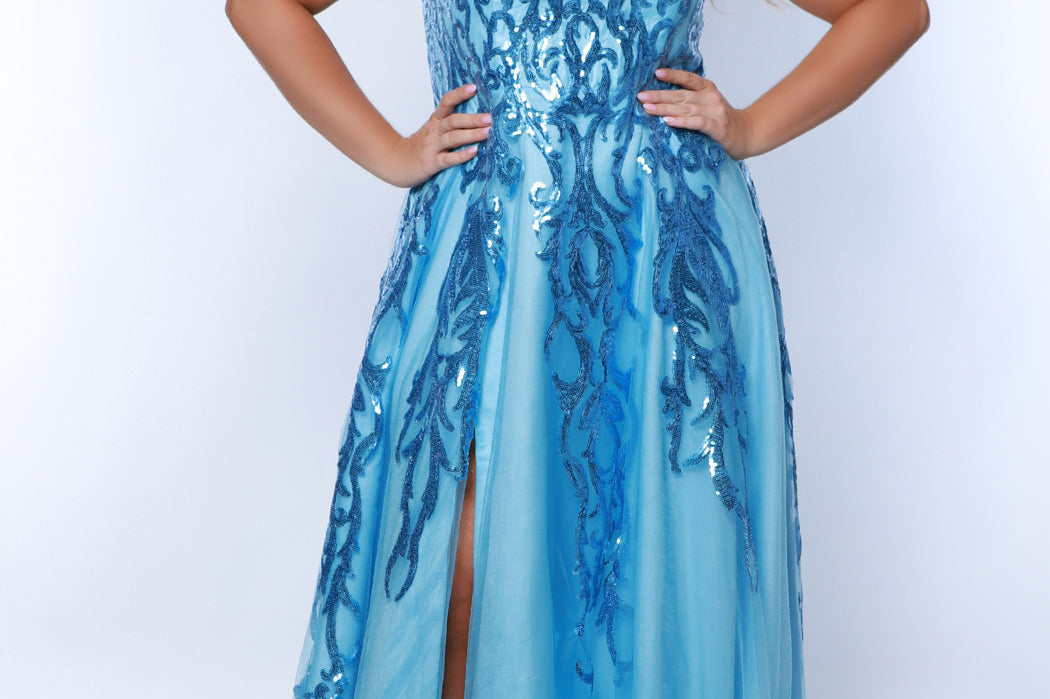 Tease Prom TE2443 light blue Plus size A-line dress, puff sleeves with a 5 inch cuff from forearm to wrist, slit, light blue sequin appliques, bra friendly straps.