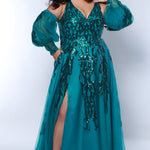 Tease Prom TE2443 Teal Plus size A-line dress, puff sleeves with a 5 inch cuff from forearm to wrist, slit, Teal sequin appliques, bra friendly straps.