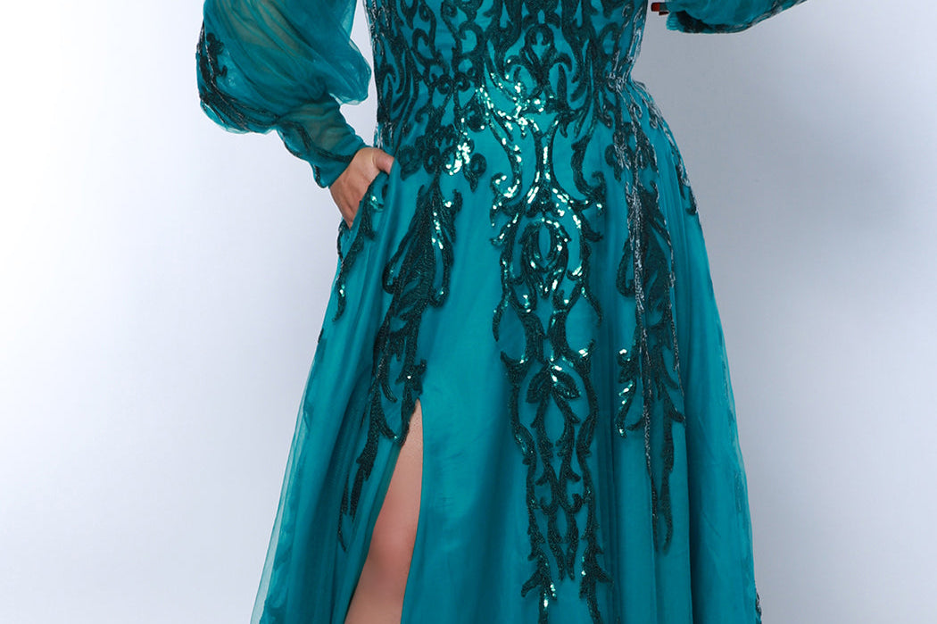 Tease Prom TE2443 Teal Plus size A-line dress, puff sleeves with a 5 inch cuff from forearm to wrist, slit, Teal sequin appliques, bra friendly straps.