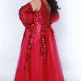 Tease Prom TE2443 Magenta, Plus size A-line dress, puff sleeves with a  5 inch cuff from forearm to wrist, slit, magenta sequin appliques, bra friendly straps. 