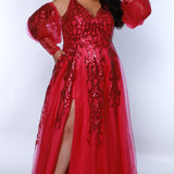 Tease Prom TE2443 Magenta, Plus size A-line dress, puff sleeves with a  5 inch cuff from forearm to wrist, slit, magenta sequin appliques, bra friendly straps. 