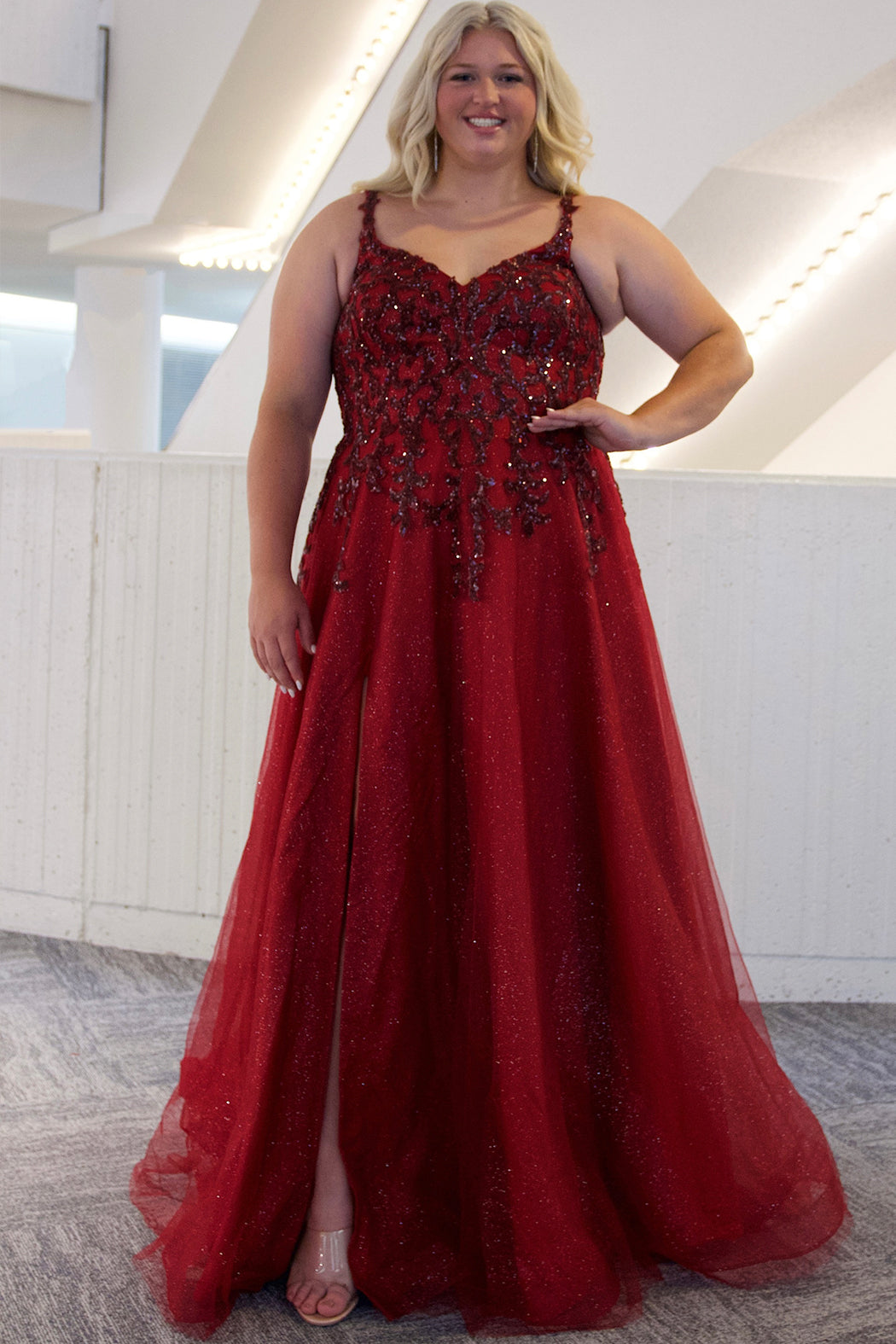 Tease Prom TE2446 Red. A-line silhouette, Sequin vine applique over sparkle tulle, V-neckline, Spaghetti straps covered in sequin, V-back, Long invisible center back zipper, Natural waistline, A-line skirt with slit, Horsehair hem.