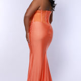 Tease Prom style TE2506 plus size fitted mermaid dress. Spaghetti straps on sweetheart pelated bodice with criss-cross boning and basque waistline. Slim fitted skirt with ruching and high slit. Available in fuchsia pink or tangerine orange.