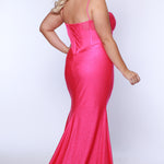 Tease Prom style TE2506 plus size fitted mermaid dress. Spaghetti straps on sweetheart pelated bodice with criss-cross boning and basque waistline. Slim fitted skirt with ruching and high slit. Available in fuchsia pink or tangerine orange.