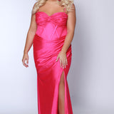 Tease Prom style TE2506 plus size fitted mermaid dress. Spaghetti straps on sweetheart pelated bodice with criss-cross boning and basque waistline. Slim fitted skirt with ruching and high slit. Available in fuchsia pink or tangerine orange.