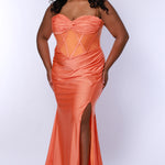 Tease Prom style TE2506 plus size fitted mermaid dress. Spaghetti straps on sweetheart pelated bodice with criss-cross boning and basque waistline. Slim fitted skirt with ruching and high slit. Available in fuchsia pink or tangerine orange.