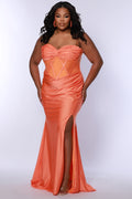Tease Prom style TE2506 plus size fitted mermaid dress. Spaghetti straps on sweetheart pelated bodice with criss-cross boning and basque waistline. Slim fitted skirt with ruching and high slit. Available in fuchsia pink or tangerine orange.