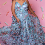 Plus size 3D floral print A-line prom dress.  V-neckline with spaghetti straps, mesh insert and pleated bodice. A-line skirt with pockets. Availablit in light blue, hot pink, royal blue and lilac in sizes 14-32. Style TE2508 from Tease Prom.