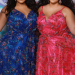 Plus size 3D floral print A-line prom dress.  V-neckline with spaghetti straps, mesh insert and pleated bodice. A-line skirt with pockets. Availablit in light blue, hot pink, royal blue and lilac in sizes 14-32. Style TE2508 from Tease Prom.