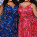 Plus size 3D floral print A-line prom dress.  V-neckline with spaghetti straps, mesh insert and pleated bodice. A-line skirt with pockets. Availablit in light blue, hot pink, royal blue and lilac in sizes 14-32. Style TE2508 from Tease Prom.