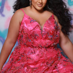 Plus size 3D floral print A-line prom dress.  V-neckline with spaghetti straps, mesh insert and pleated bodice. A-line skirt with pockets. Availablit in light blue, hot pink, royal blue and lilac in sizes 14-32. Style TE2508 from Tease Prom.