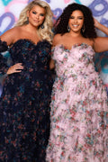 Tease Prom style TE2509 in blush pink or navy blue. Strapless, sweetheart neckline with pleated 3D floral tulle. A-line skirt with pockets and slit. Detachable puff sleeves with cuff included. Lace-up back for an easy fit. 