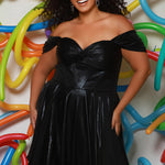 Plus size metallic tiered prom dress.  Strapless bodice with pleating and exposed boning. Detachable pleated drape sleeves. Available in fuchsia pink, indigo dark blue and onyx black. Style TE2510 by Tease Prom.