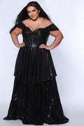 Plus size metallic tiered prom dress.  Strapless bodice with pleating and exposed boning. Detachable pleated drape sleeves. Available in fuchsia pink, indigo dark blue and onyx black. Style TE2510 by Tease Prom.