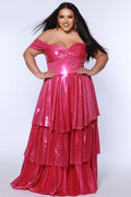 Plus size metallic tiered prom dress.  Strapless bodice with pleating and exposed boning. Detachable pleated drape sleeves. Available in fuchsia pink, indigo dark blue and onyx black. Style TE2510 by Tease Prom.