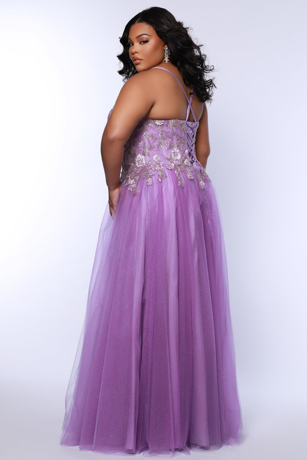 Tease Prom style TE2511 plus size ballgown. Available in slate grey, lavender purple or sky blue with sparkle tulle and lace. 
