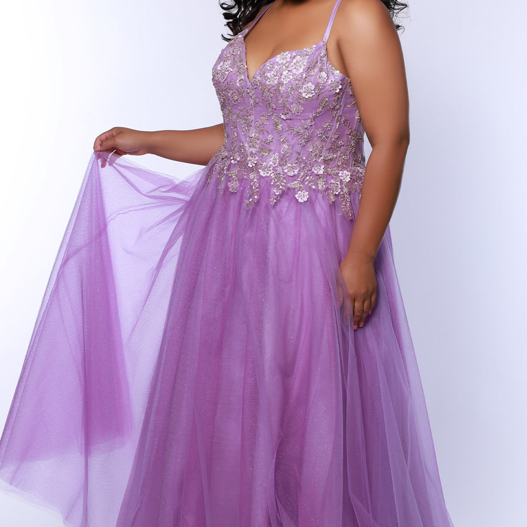 Tease Prom style TE2511 plus size ballgown. Available in slate grey, lavender purple or sky blue with sparkle tulle and lace. 