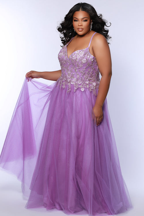 Tease Prom style TE2511 plus size ballgown. Available in slate grey, lavender purple or sky blue with sparkle tulle and lace. 