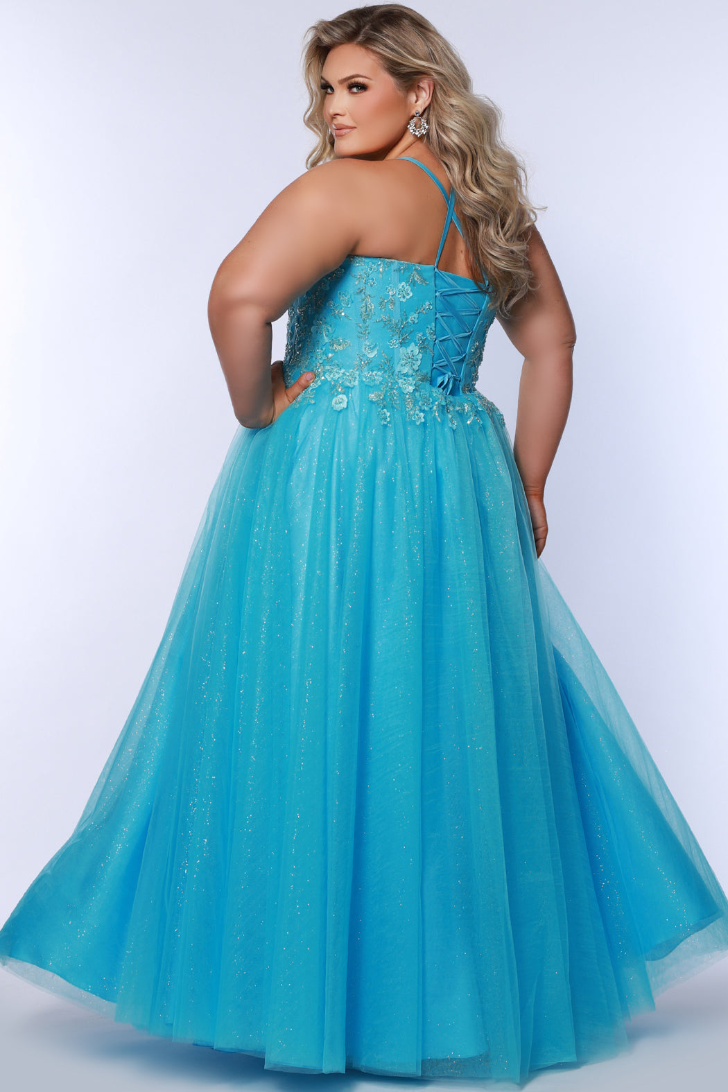 Tease Prom style TE2511 plus size ballgown. Available in slate grey, lavender purple or sky blue with sparkle tulle and lace. 