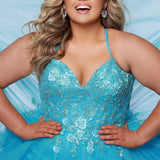 Tease Prom style TE2511 plus size ballgown. Available in slate grey, lavender purple or sky blue with sparkle tulle and lace. 