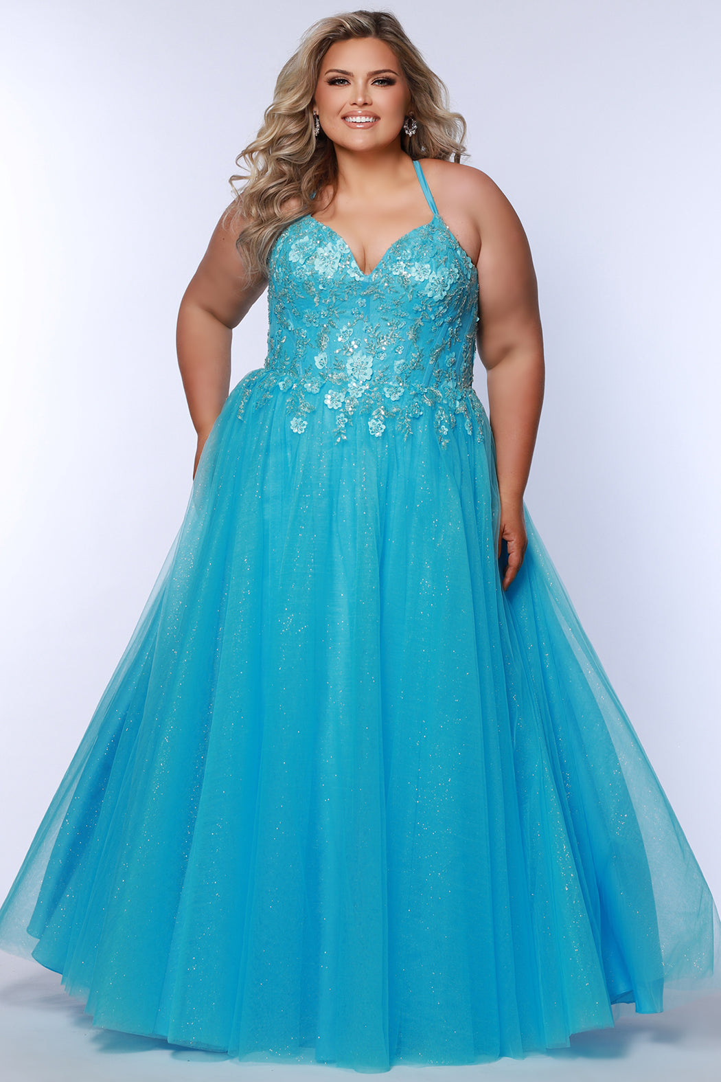 Tease Prom style TE2511 plus size ballgown. Available in slate grey, lavender purple or sky blue with sparkle tulle and lace. 