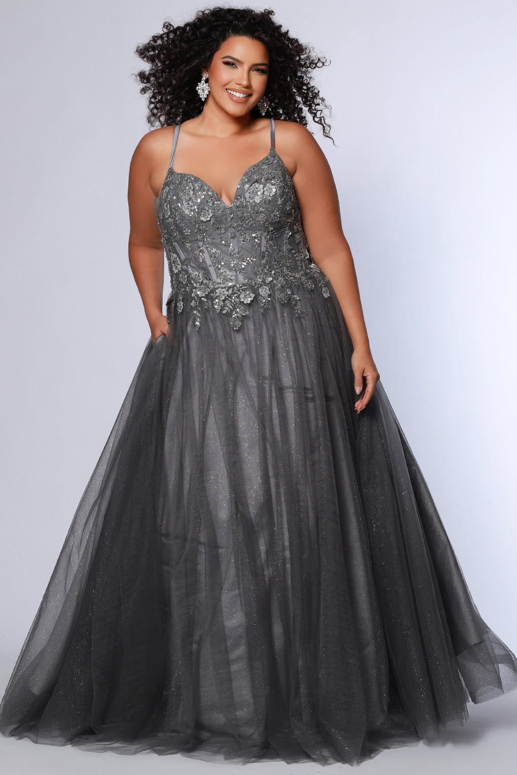 Tease Prom style TE2511 plus size ballgown. Available in slate grey, lavender purple or sky blue with sparkle tulle and lace. 