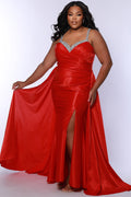 Plus Size satin fitted pleated formal dress with silver beaded straps and V-neckline detail. Pleated bodice, ruching on fitted skirt with slit. Attached overskirt included. Avialablie in fire red, magenta pink, onyx black, and sky blue in plus sizes 14-28. Style TE2513 by Tease Prom. 