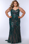 Tease Prom style TE2514 in hunter green and midnight navy blue.  Plus size slim fitted prom dress with geometric metallic sequin pattern on stretch mesh.
