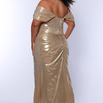 Plus size metallic fitted gold or teal prom dress.  Pleated dramaticbodice with detachable drape sleevesand exposed corset boning on basque waistline.  Slim, fitted skirt with ruching and high slit. Tease Prom style TE2515