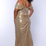 Plus size metallic fitted gold or teal prom dress.  Pleated dramaticbodice with detachable drape sleevesand exposed corset boning on basque waistline.  Slim, fitted skirt with ruching and high slit. Tease Prom style TE2515