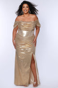 Plus size metallic fitted gold or teal prom dress.  Pleated dramaticbodice with detachable drape sleevesand exposed corset boning on basque waistline.  Slim, fitted skirt with ruching and high slit. Tease Prom style TE2515